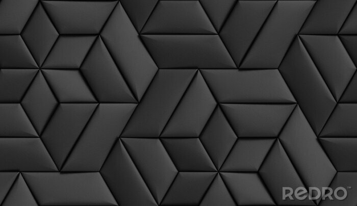 Papier peint à motif  3D wallpaper of 3D soft geometry tiles made from black leather. High quality seamless realistic texture.