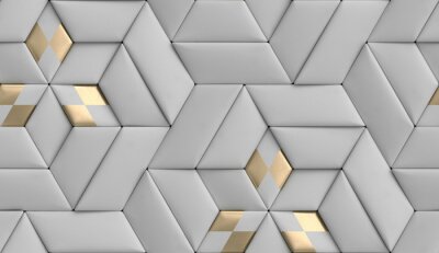 Papier peint à motif  3D wallpaper of 3D soft geometry tiles made from gray leather with golden decor. High quality seamless realistic texture.