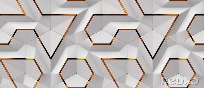 Papier peint à motif  3D white panels with red gold decor elements. Shaded geometric modules. High quality seamless design texture