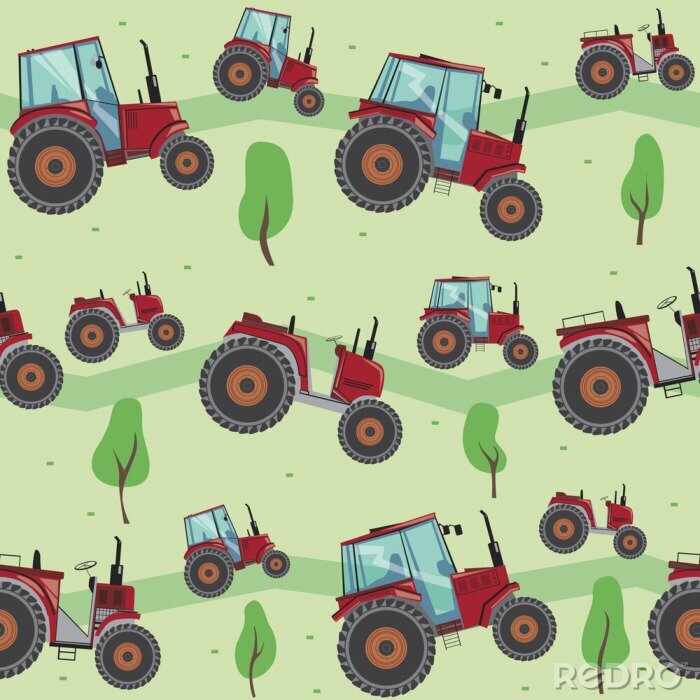 Papier peint à motif  A Seamless pattern with a red tractor and trees on a green background, flat vector stock illustration for children or boys as a backdrop for printing on fabric, textile or wallpaper