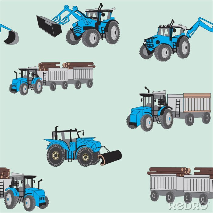 Papier peint à motif  A seamless pattern with blue construction tractors on a green background