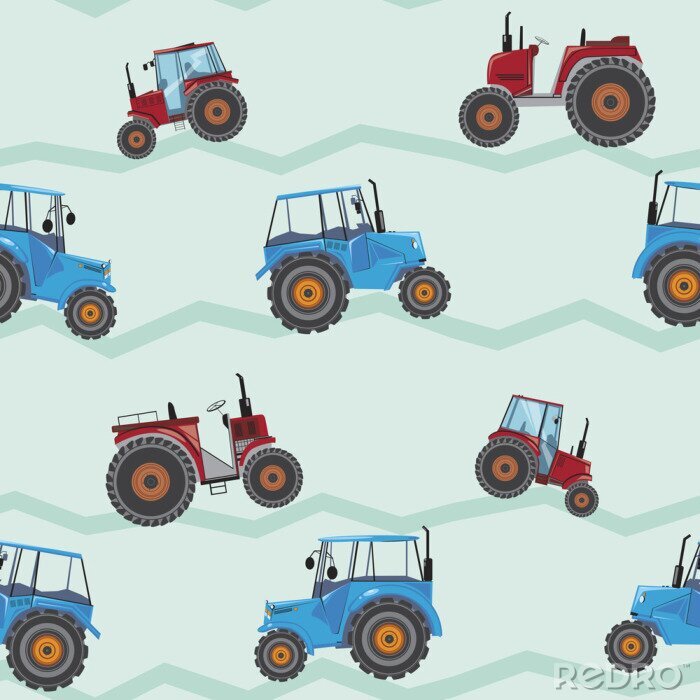 Papier peint à motif  A seamless pattern with farm tractors, a vector stock illustration with red and blue flat agricultural machines for printing