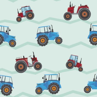 Papier peint à motif  A seamless pattern with farm tractors, a vector stock illustration with red and blue flat agricultural machines for printing