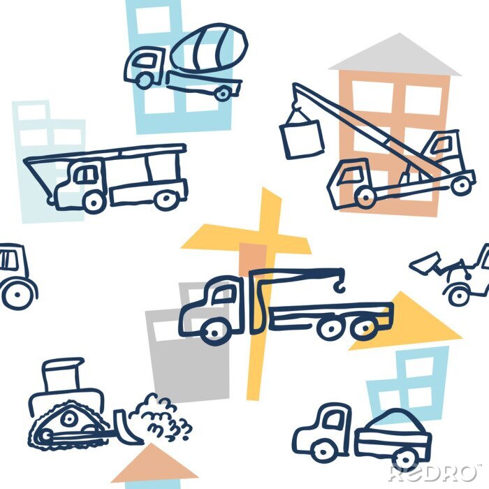 Papier peint à motif  A vector seamless pattern with doodle outline style building technics. Auto cranes, bulldozers, trucks and concrete mixers