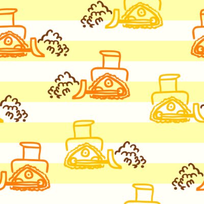 Papier peint à motif  A vector seamless pattern with doodle outline style bulldozers. Construction equipment in yellow and orange colors for design