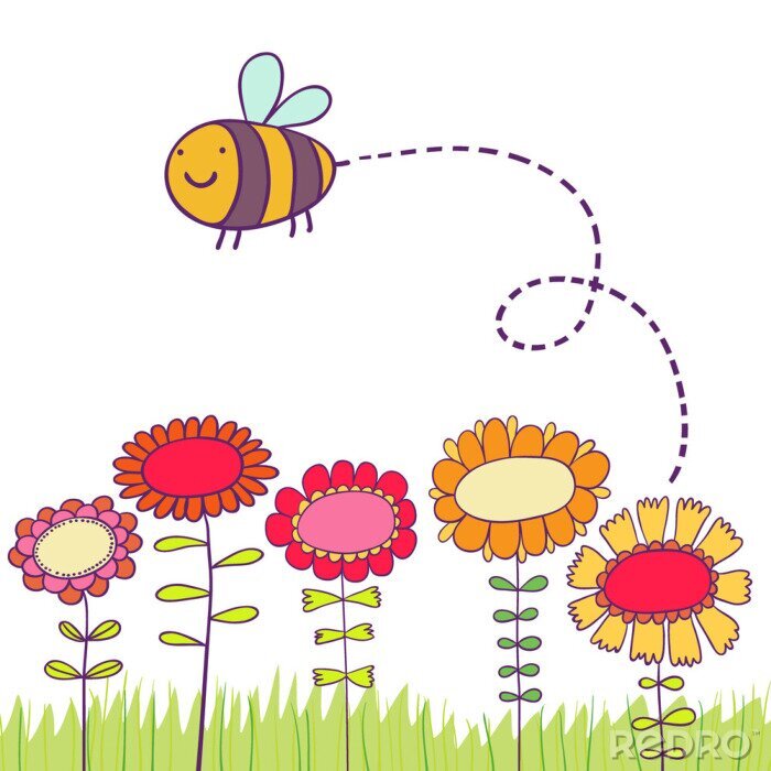 Papier peint à motif  Abeille volant au-dessus de fleurs illustration pour enfants