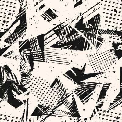 Papier peint à motif  Abstract monochrome grunge seamless pattern. Urban art texture with paint splashes, chaotic shapes, lines, dots, triangles, patches. Black and white graffiti style vector background. Repeat design 