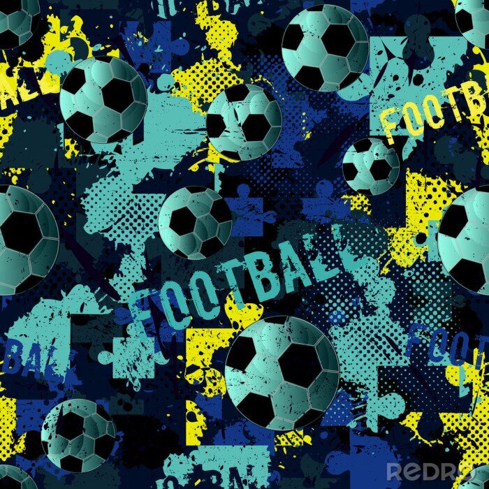 Papier peint à motif  Abstract seamless football pattern for boys. Sport football pattern. Grunge sport urban backdrop with football ball. Sport wallpaper on black background with multicolor spots. Repeated pattern.