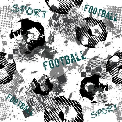 Papier peint à motif  Abstract seamless football pattern for boys. Sport football pattern. Grunge sport urban backdrop with football ball. Sport wallpaper on black background with multicolor spots. Repeated pattern.