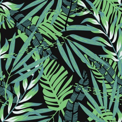 Abstract seamless pattern with colorful tropical leaves and plants on black background. Vector design. Jungle print. Floral background. Printing and textiles. Exotic tropics. Summer design.