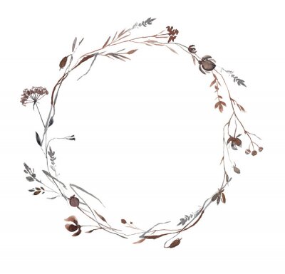 Sticker  Abstract Watercolor Autumn Flower Set. Herbarium in boho style. Field fall flowers. Frame fall flowers.