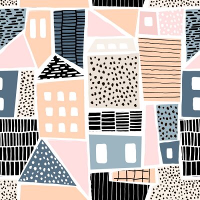 Papier peint à motif  Abstrait modèle sans couture avec des maisons avec des textures et des formes dessinées à la main. Parfait pour fabric.textile, papier peint. Illustration vectorielle