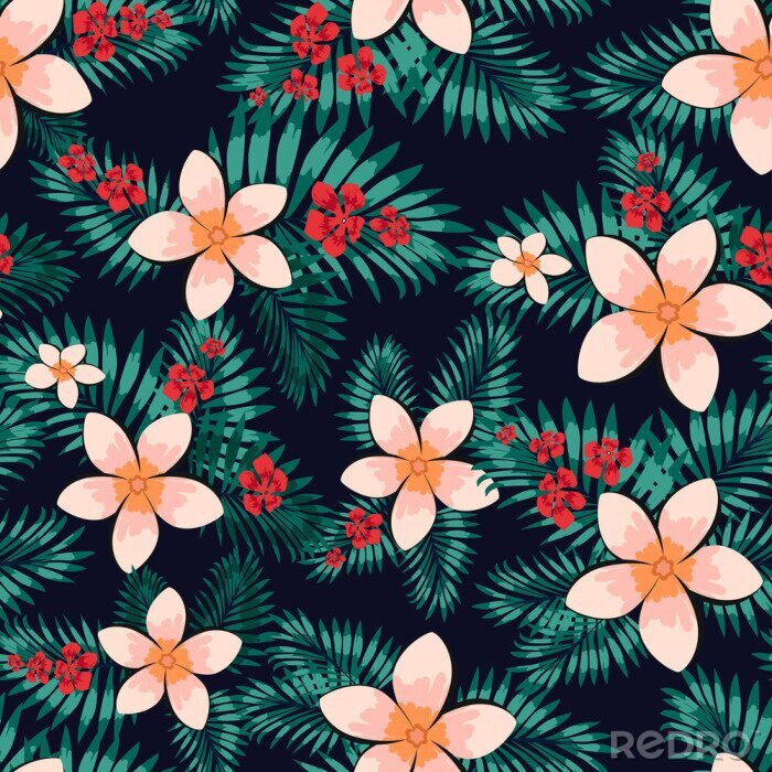 Papier peint à motif  Abstrait motif floral sans soudure. Fond de vecteur créatif, papier peint floral tropical hawaïen avec fougères de branches, herbe tropicale. Imprimé exotique d'été avec des feuilles de palmier jungle