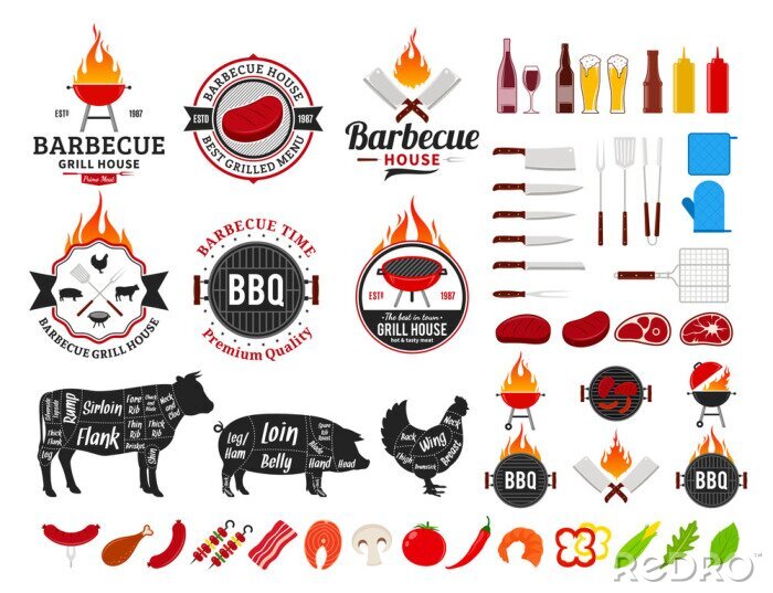 Papier peint à motif  Accessoires pour barbecue sur fond clair