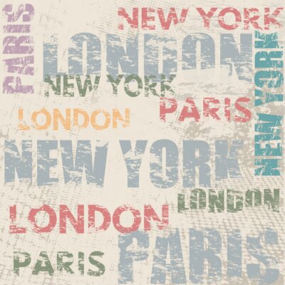 Papier peint à motif  Affiche typographique avec des noms de la ville de Londres, Paris et New York