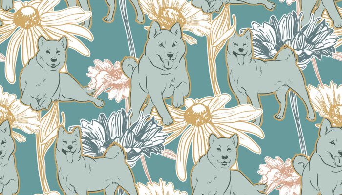 Papier peint à motif  Akita inu au milieu de fleurs