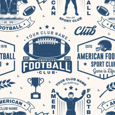 Papier peint à motif  American football seamless pattern, background. Vector. Seamless sport pattern with sportsman player, helmet, ball and shoulder pads silhouette. American football sport club texture.