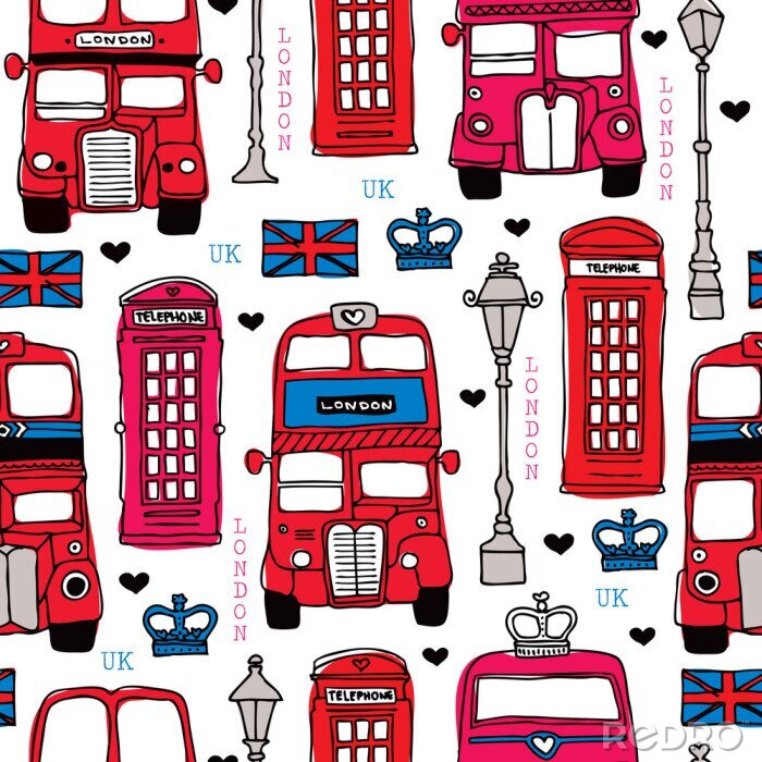 Papier peint à motif  Amour Seamless Londres Royaume-Uni Voyage rouge motif icône de fond