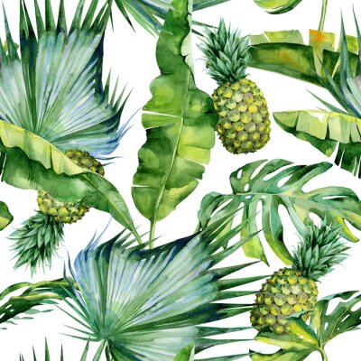 Papier peint à motif  Ananas aux fruits tropicaux et feuilles exotiques