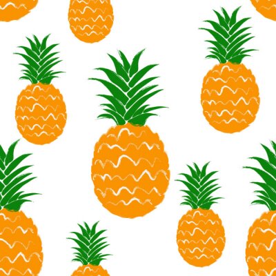 Papier peint à motif  Ananas avec feuilles sur fond blanc