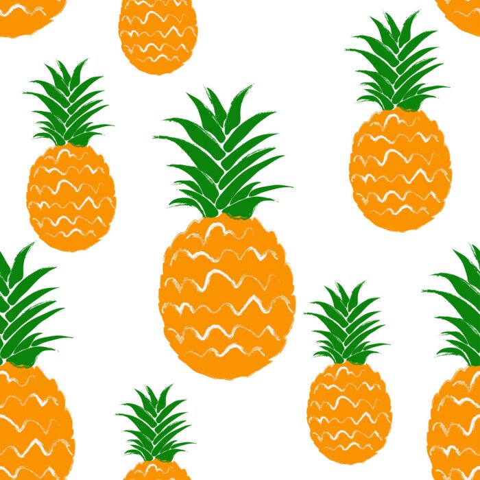 Papier peint à motif  Ananas avec feuilles sur fond blanc
