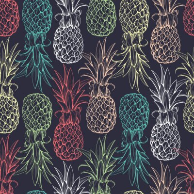 Papier peint à motif  Ananas colorés sur fond noir