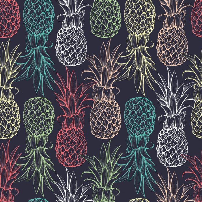Papier peint à motif  Ananas colorés sur fond noir