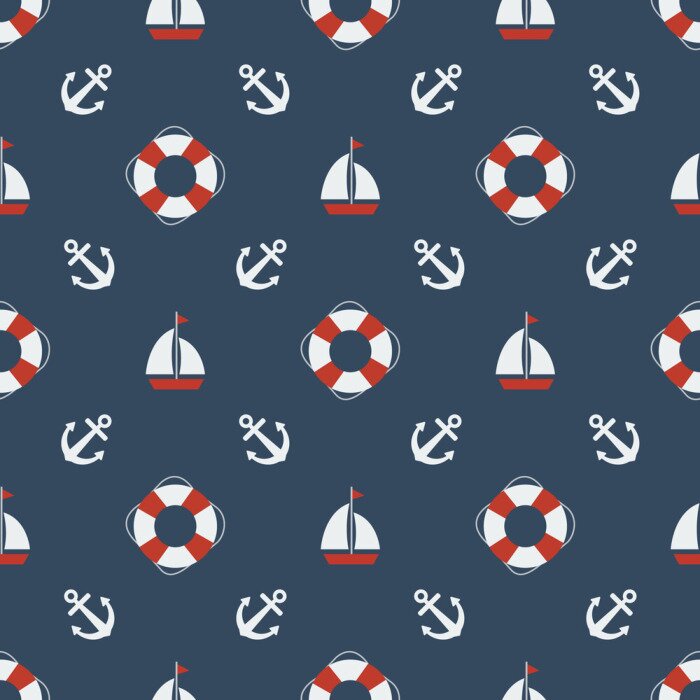 Papier peint à motif  Ancre de voilier et bouée de sauvetage sur fond bleu marine