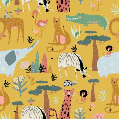 Papier peint à motif  Animaux africains colorés en safari