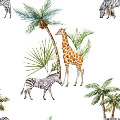 Papier peint à motif  Animaux africains et palmiers