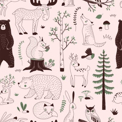 Papier peint à motif  Animaux de la forêt avec des accents verts