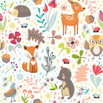 Papier peint à motif  Animaux de la forêt colorés sur un fond blanc