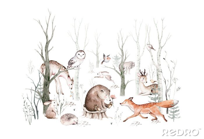 Papier peint à motif  Animaux de la forêt dans un paysage forestier en aquarelle
