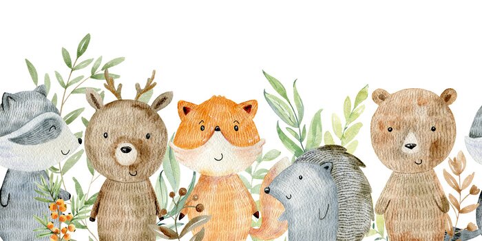 Papier peint à motif  Animaux de la forêt dessin animé souriant