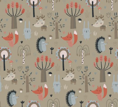 Papier peint à motif  Animaux de la forêt en automne