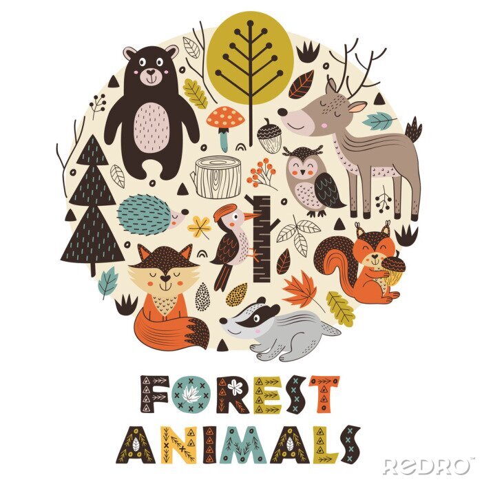 Papier peint à motif  Animaux de la forêt et végétation forestière
