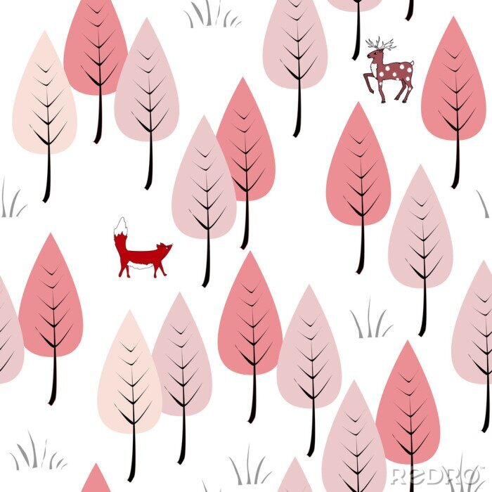 Papier peint à motif  Animaux de la forêt rose
