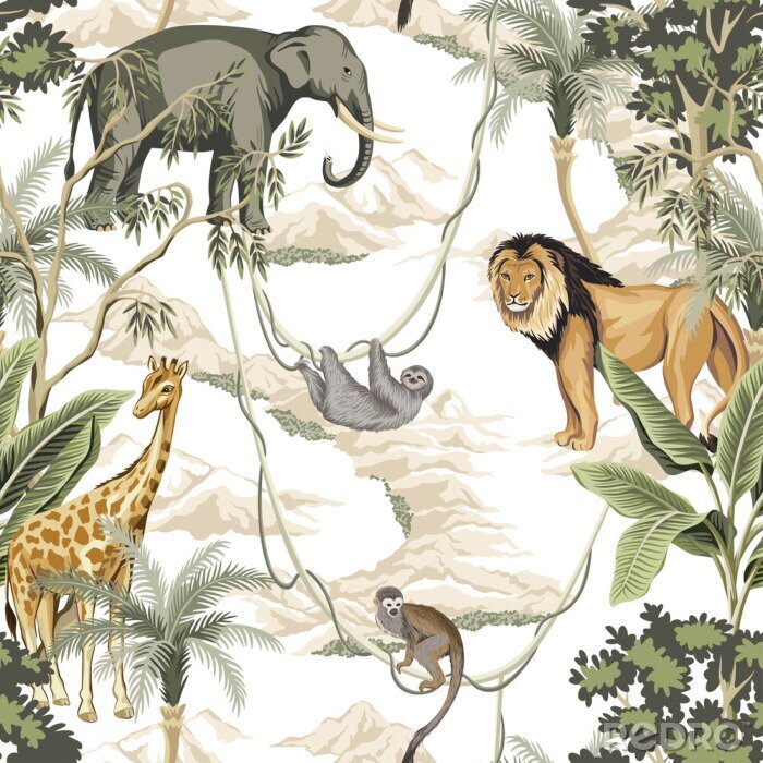 Papier peint à motif  Animaux de la jungle en illustration