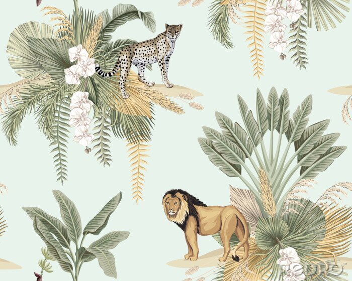 Papier peint à motif  Animaux de safari et végétation tropicale
