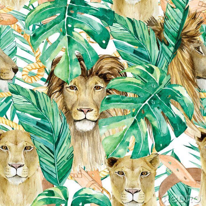Papier peint à motif  Animaux de safari parmi les feuilles d'aquarelle