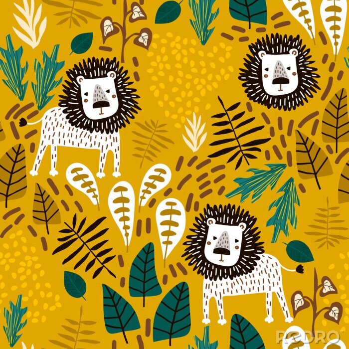 Papier peint à motif  Animaux de safari parmi les feuilles tropicales