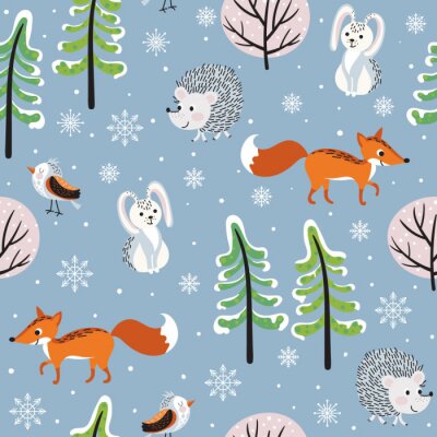 Papier peint à motif  Animaux et forêt d'hiver pour les enfants