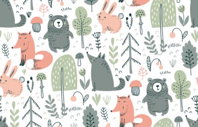 Papier peint à motif  Animaux et plantes de la forêt, modèle pour enfants