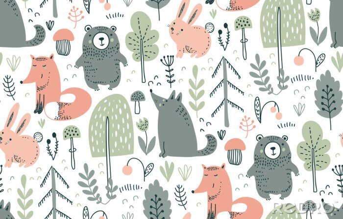 Papier peint à motif  Animaux et plantes de la forêt, modèle pour enfants
