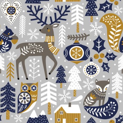 Papier peint à motif  Animaux et plantes de la forêt sur fond gris