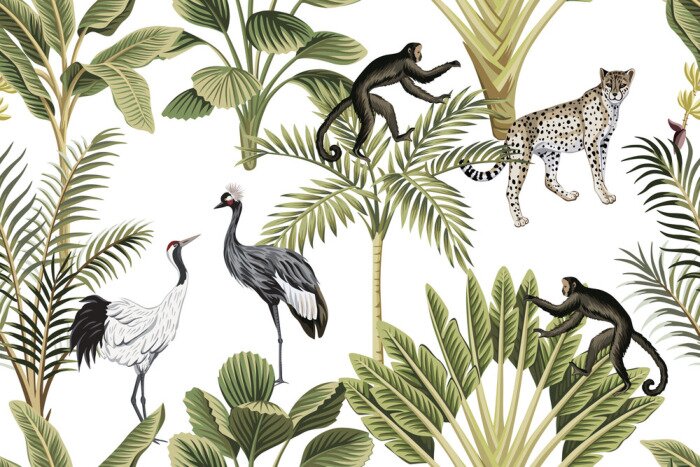 Papier peint à motif  Animaux et plantes tropicales aux couleurs douces