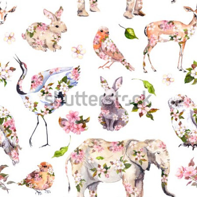 Papier peint à motif  Animaux mignons en fleurs de printemps roses. Floral pattern sans soudure. Aquarelle féminine et féminine