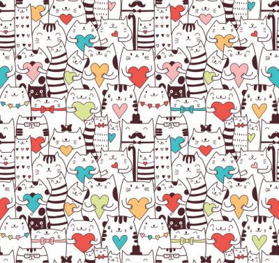 Papier peint à motif  Animaux noirs et blancs avec des cœurs colorés