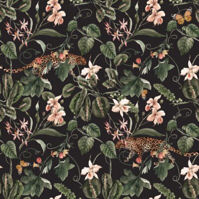 Papier peint à motif  Animaux sauvages et fleurs tropicales
