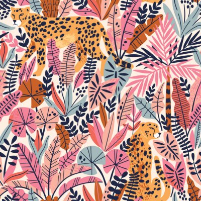 Papier peint à motif  Animaux sauvages parmi les feuilles tropicales